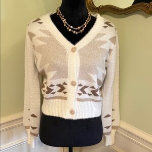 Jessica Simpson Cream & Brown Geometric Cardigan Size Small